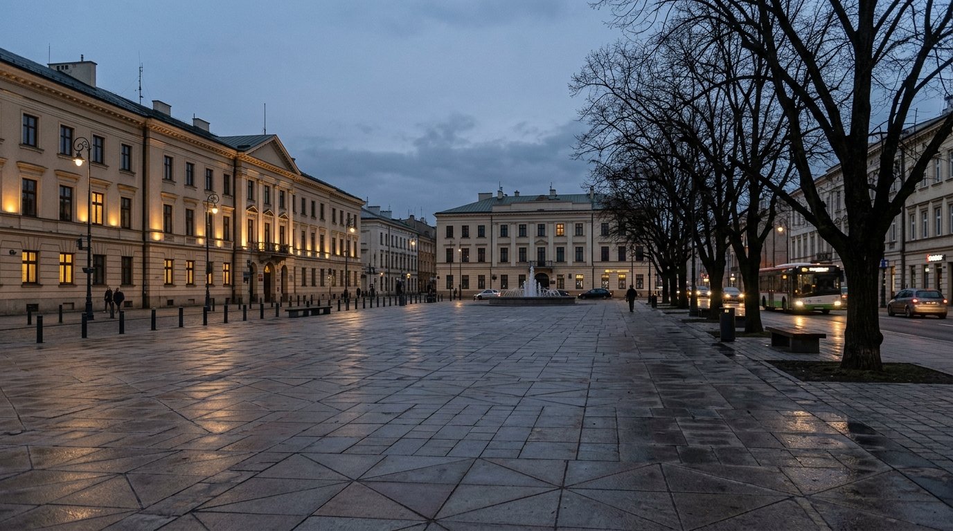 Biało-czerwono-biała iluminacja na Placu Litewskim w Dniu Wolności Białorusi