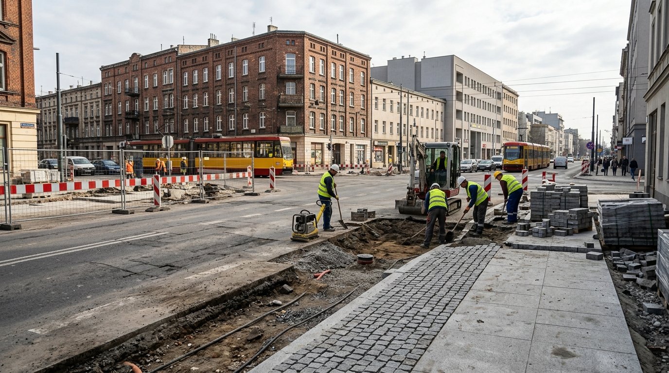 Postęp prac drogowych na Starym Mieście w Łodzi: ulice Drewnowska, Lutomierska i Zachodnia