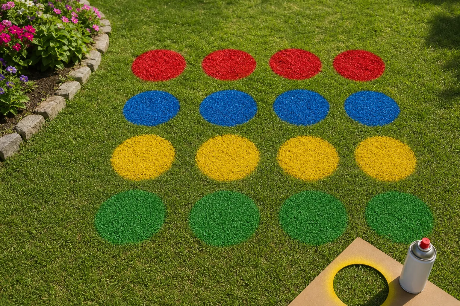 Twister DIY w ogrodzie — kolorowe koła namalowane kredą w sprayu na trawniku
